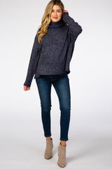 Navy Blue Heathered Knit Turtleneck Maternity Sweater