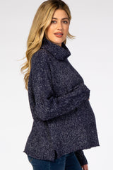 Navy Blue Heathered Knit Turtleneck Maternity Sweater