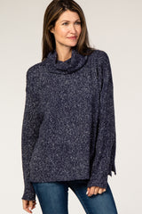 Navy Blue Heathered Knit Turtleneck Sweate