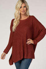 Rust Hi Low Side Slit Cuff Sleeve Sweater