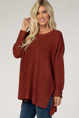 Rust Hi Low Side Slit Cuff Sleeve Sweater