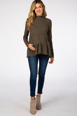 Olive Soft Ribbed Tiered Mock Neck Maternity Top