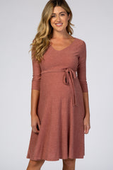 Mauve Swiss Dot V-Neck Waist Tie Maternity Dress