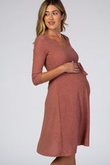 Mauve Swiss Dot V-Neck Waist Tie Maternity Dress