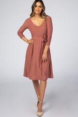 Mauve Swiss Dot V-Neck Waist Tie Maternity Dress