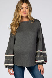 Charcoal Embroidered Fringe Bubble Long Sleeve Maternity Top