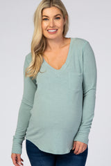 Light Olive Soft Knit V-Neck Maternity Long Sleeve Top