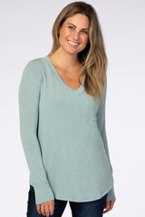 Light Olive Soft Knit V-Neck Long Sleeve Top