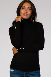 Black Turtleneck Pearl Button Sleeve Maternity Sweater