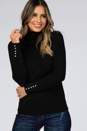 Black Turtleneck Pearl Button Sleeve Sweater