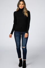 Black Turtleneck Pearl Button Sleeve Sweater