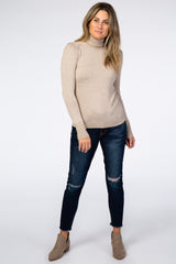 Beige Turtleneck Pearl Button Sleeve Sweater