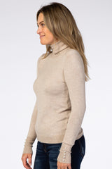 Beige Turtleneck Pearl Button Sleeve Sweater