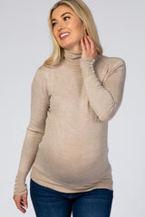 Beige Turtleneck Pearl Button Sleeve Maternity Sweater