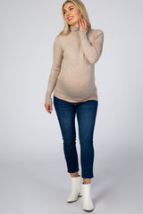 Beige Turtleneck Pearl Button Sleeve Maternity Sweater