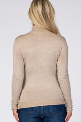 Beige Turtleneck Pearl Button Sleeve Maternity Sweater