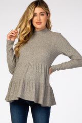 Taupe Soft Ribbed Tiered Mock Neck Maternity Top