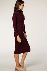 Burgundy Ribbed Fitted Mock Neck Long Sleeve Midi Dress