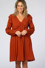 Rust Ruffle V-Neck Dress