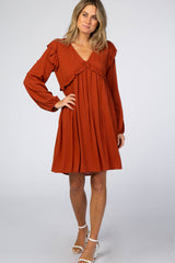 Rust Ruffle V-Neck Dress