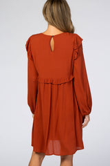 Rust Ruffle V-Neck Dress