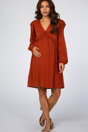 Rust Ruffle V-Neck Maternity Dress