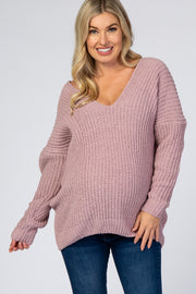 Mauve Soft Knit V-Neck Maternity Sweater