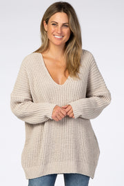 Beige Soft Knit V-Neck Sweater