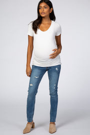 Blue Distressed Raw Hem Maternity Skinny Jeans