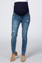 Blue Distressed Raw Hem Maternity Skinny Jeans