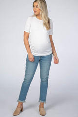 Blue Fringe Hem Crop Maternity Jeans