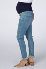 Blue Fringe Hem Crop Maternity Jeans