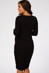 Black Ruched Fitted Front Bow Maternity/Nursing Dress