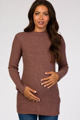 Mauve Ribbed Long Sleeve Mock Neck Maternity Top