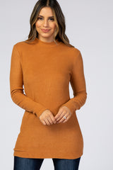 Rust Ribbed Long Sleeve Mock Neck Top