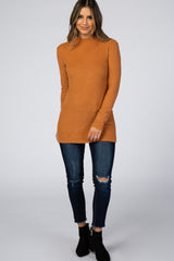 Rust Ribbed Long Sleeve Mock Neck Top