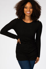 Black Soft Knit Button Shoulder Ruched Side Top