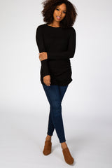 Black Soft Knit Button Shoulder Ruched Side Top