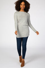 Heather Grey Soft Knit Button Shoulder Ruched Side Maternity Top