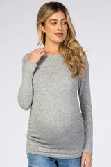 Heather Grey Soft Knit Button Shoulder Ruched Side Maternity Top