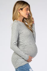 Heather Grey Soft Knit Button Shoulder Ruched Side Maternity Top