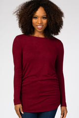 Burgundy Soft Knit Button Shoulder Ruched Side Maternity Top