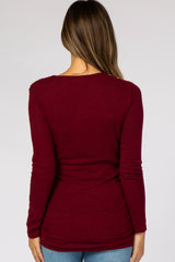 Burgundy Soft Knit Button Shoulder Ruched Side Maternity Top