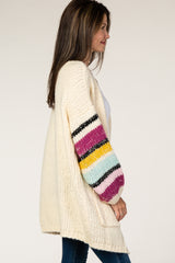 Ivory Thick Knit Striped Bubble Sleeve Cardigan