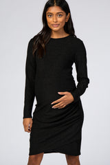 Black Glitter Ruched Wrap Hem Long Sleeve Maternity Dress