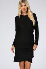 Black Glitter Ruched Wrap Hem Long Sleeve Dress