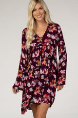 Burgundy Floral Lace V-Neck Bell Sleeve Dress