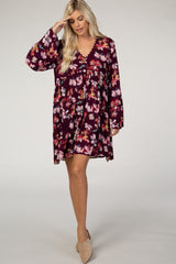 Burgundy Floral Lace V-Neck Bell Sleeve Dress