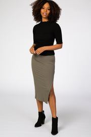 Olive Ribbed Side Slit Midi Skirt