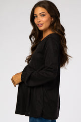 Black Textured Knit Babydoll Long Sleeve Maternity Top